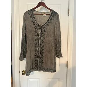 Boho Embroidered Beaded Blouse Womens Small Medium Gray Peasant Festival Top